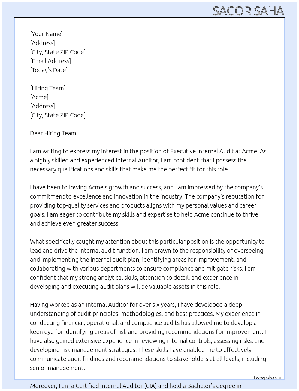 Executive Internal Audit At Acme Cover Letter