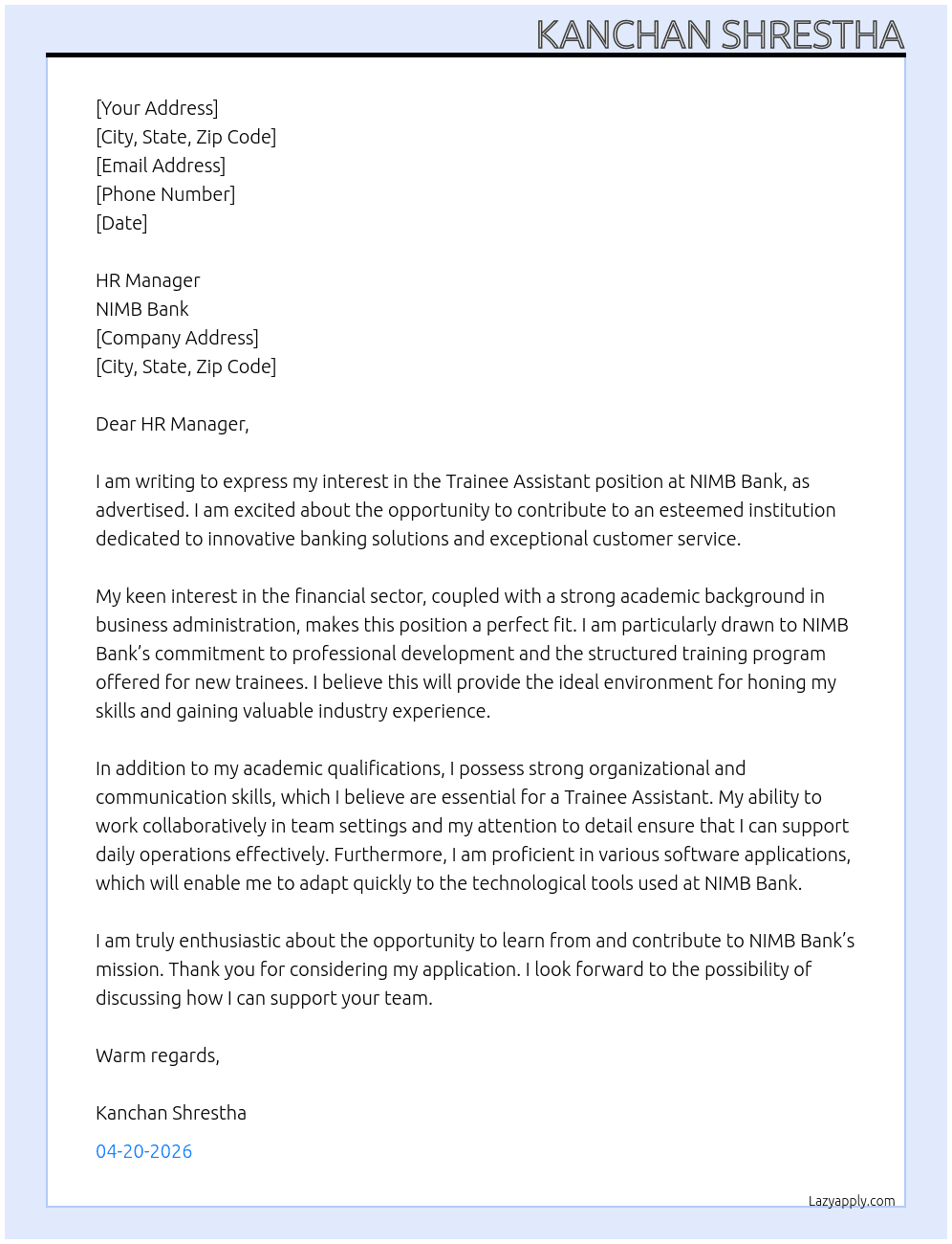 Trainee Assistant At NIMB Bank Cover Letter