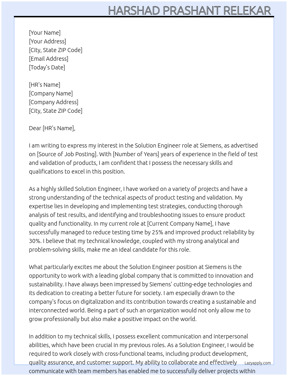 Solution Engineer  At Siemens  Cover Letter