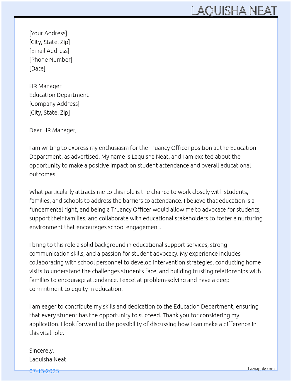 Truancy officer At Education department  Cover Letter