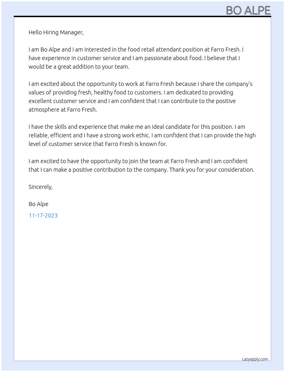 Food Retail Attendant At Farro Fresh Cover Letter