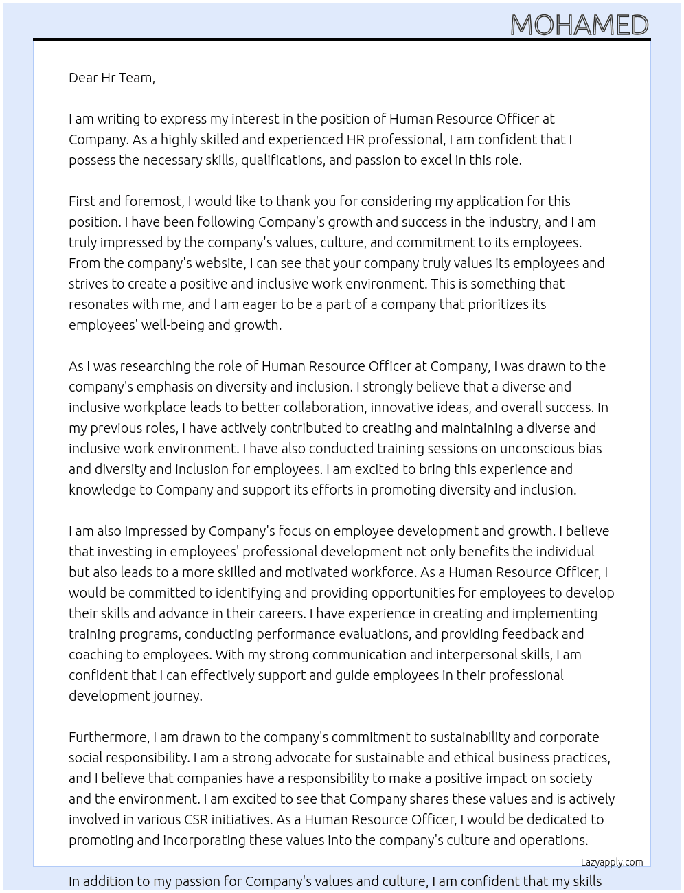 Human resource officer At Copmany Cover Letter