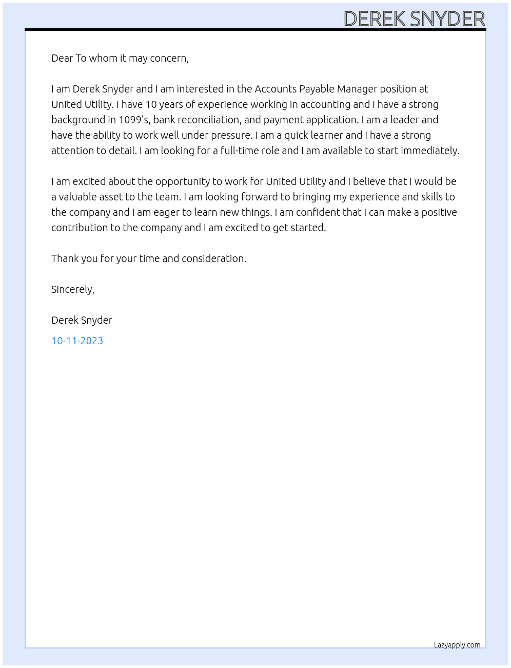 Accounts payable manager At United utility Cover Letter