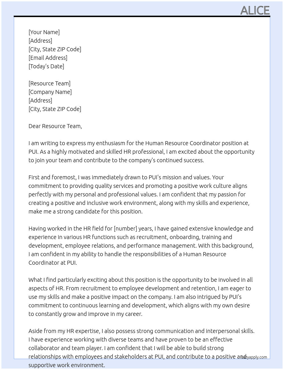 Human Resource Coordinator At PUI Cover Letter
