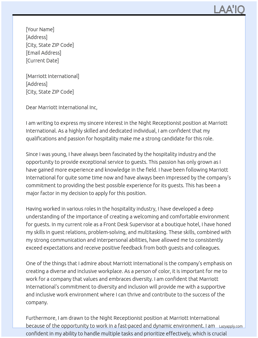 Night receptionist At Marriott international Cover Letter