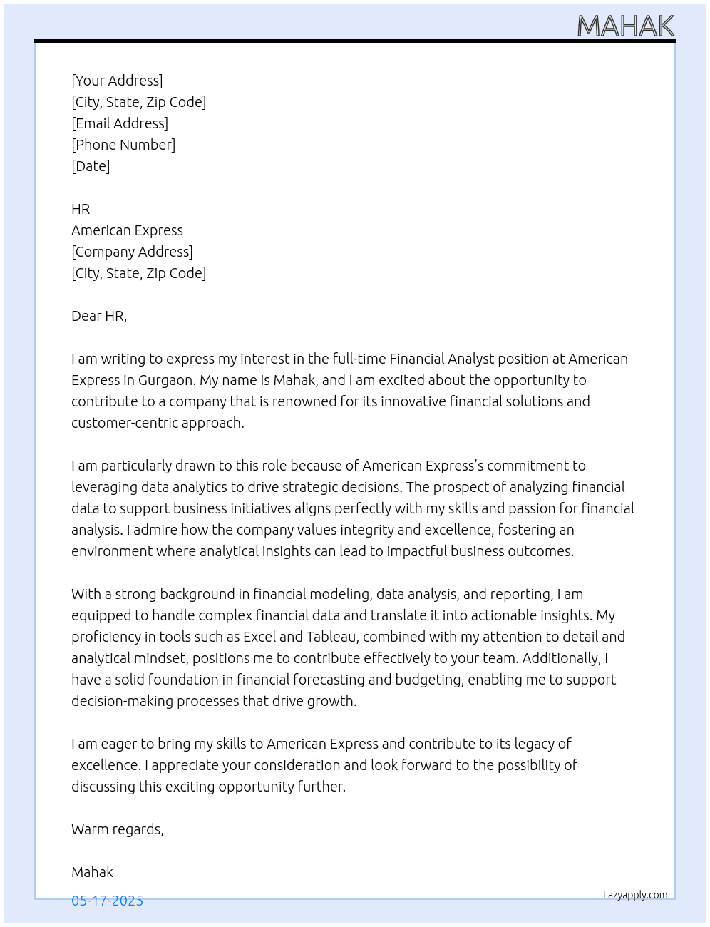 Financial Analyst At American Express Cover Letter
