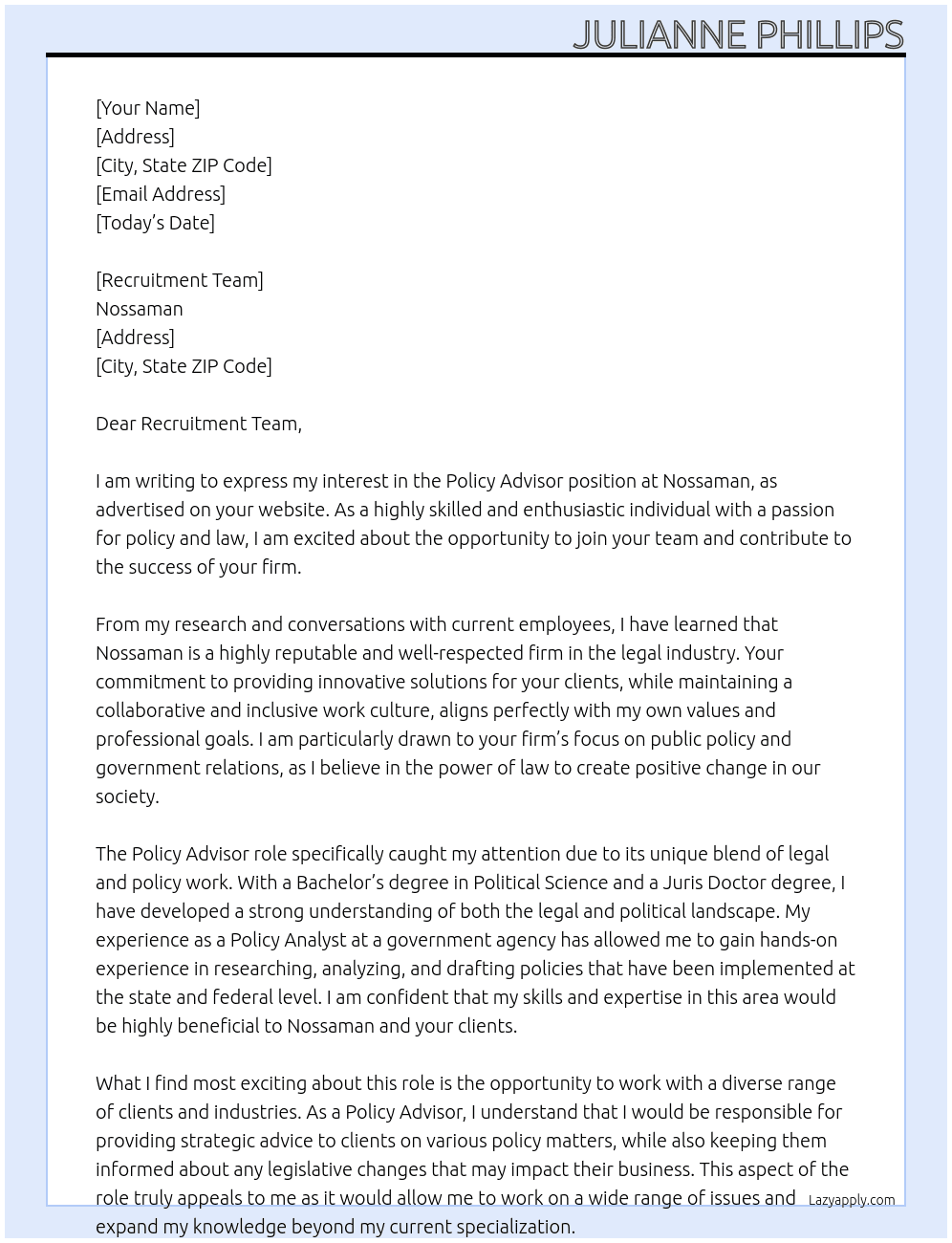 Policy Advisor At Nossaman Cover Letter