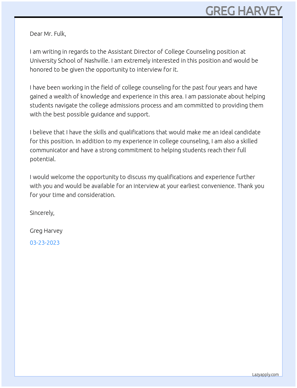 Assistant Director of College Counseling At University School of Nashville Cover Letter