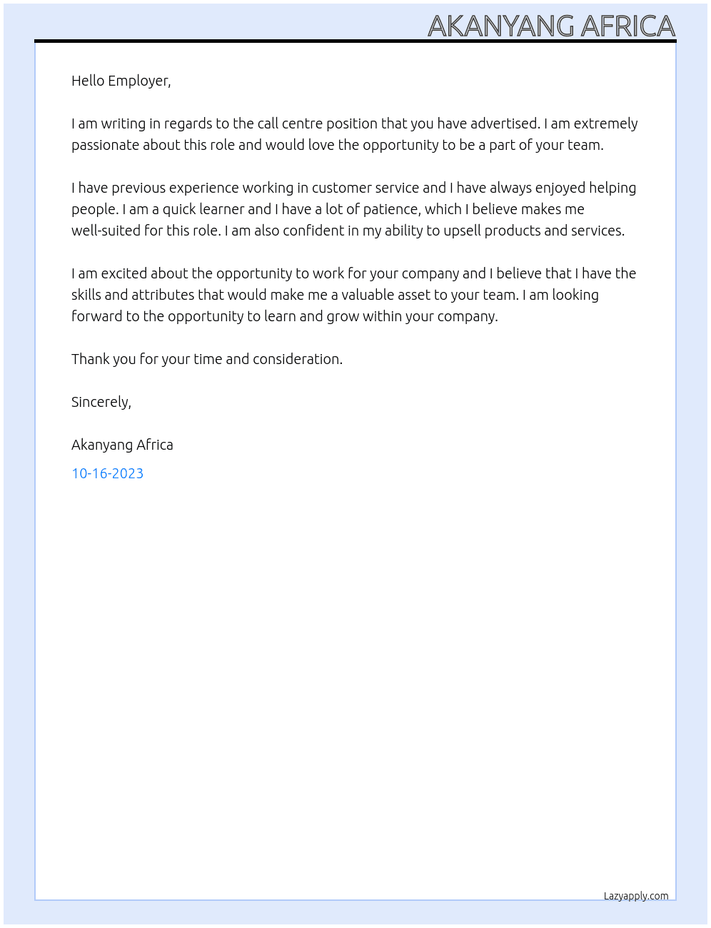 call centre At call centre job Cover Letter