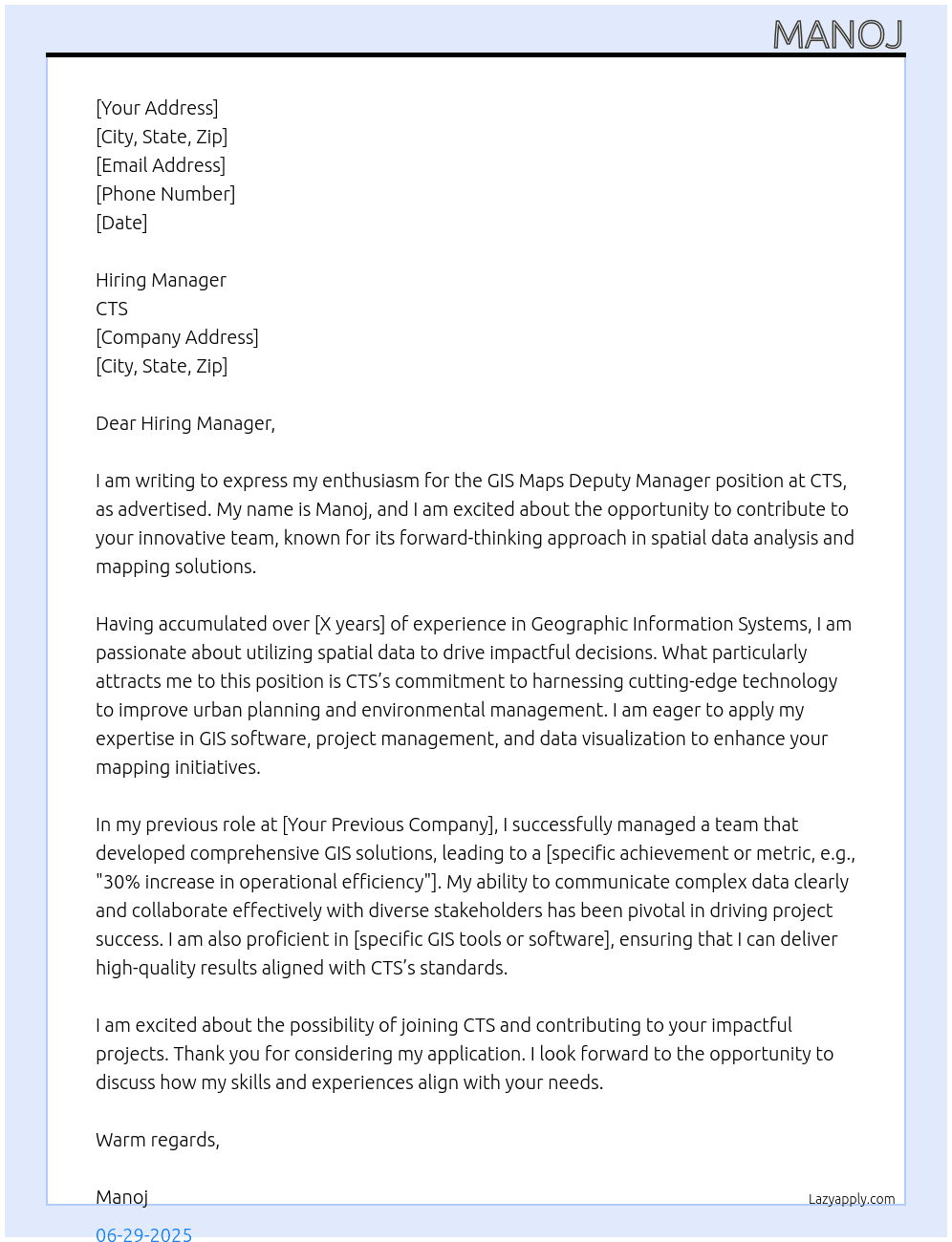 Cover letter for gis maps deputy mangaer - LazyApply