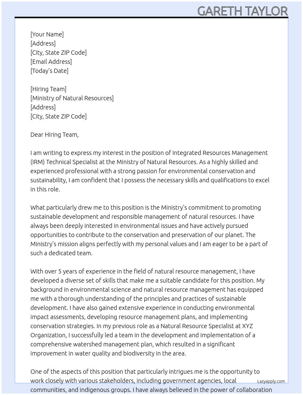 Integrated Resources Management (IRM) Technical Specialist At Ministry of Natural Resources  Cover Letter