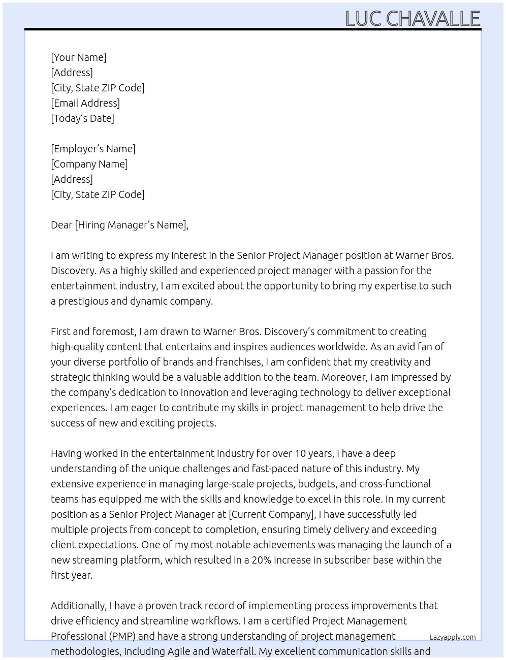 Senior Project Manager At Warner Bros. Discovery Cover Letter