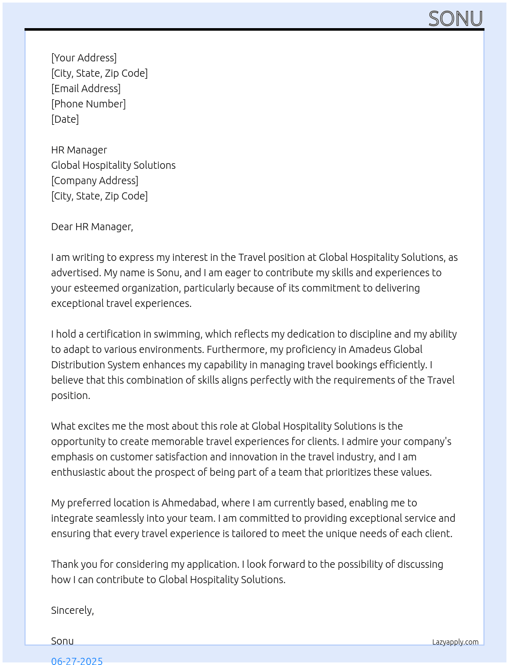 Travel At Global hospitality solutions  Cover Letter