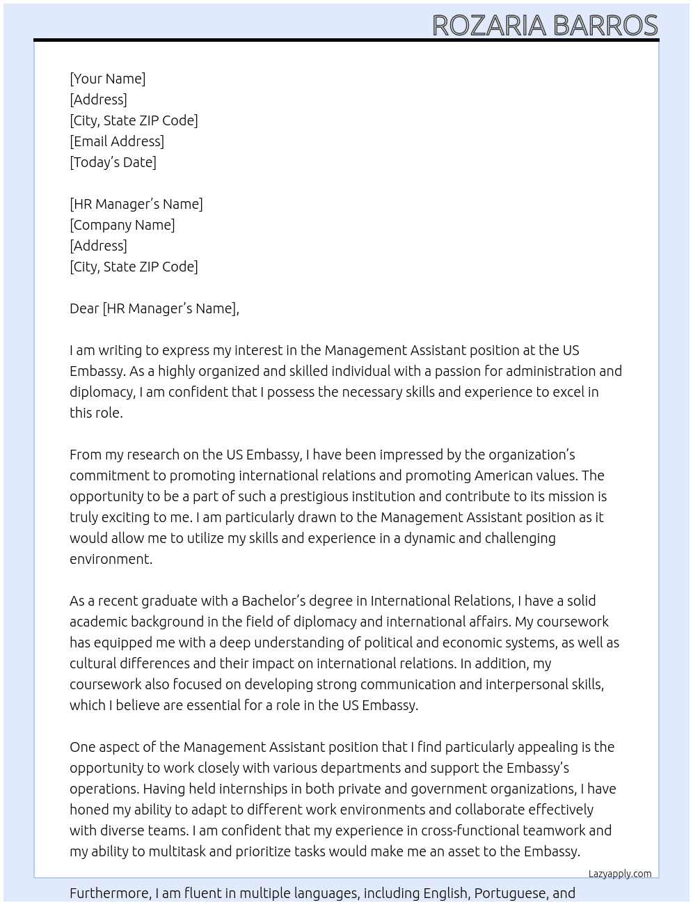 Management Assistant At US Embassy Cover Letter