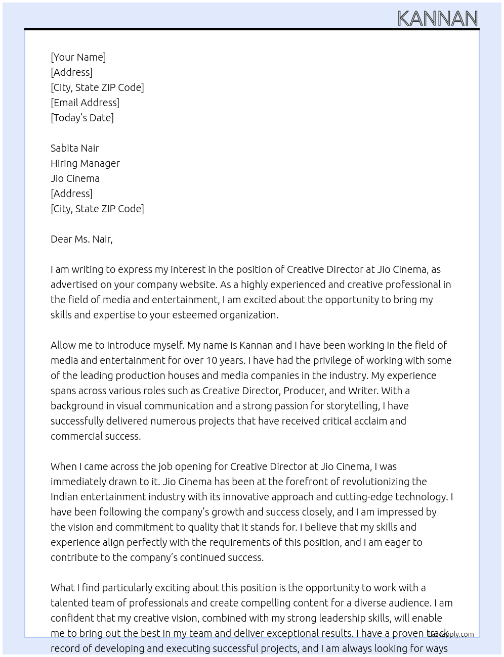 Creative Director At Jio Cinema Cover Letter