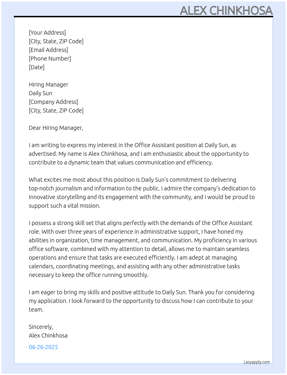 office assistant At daily sun Cover Letter