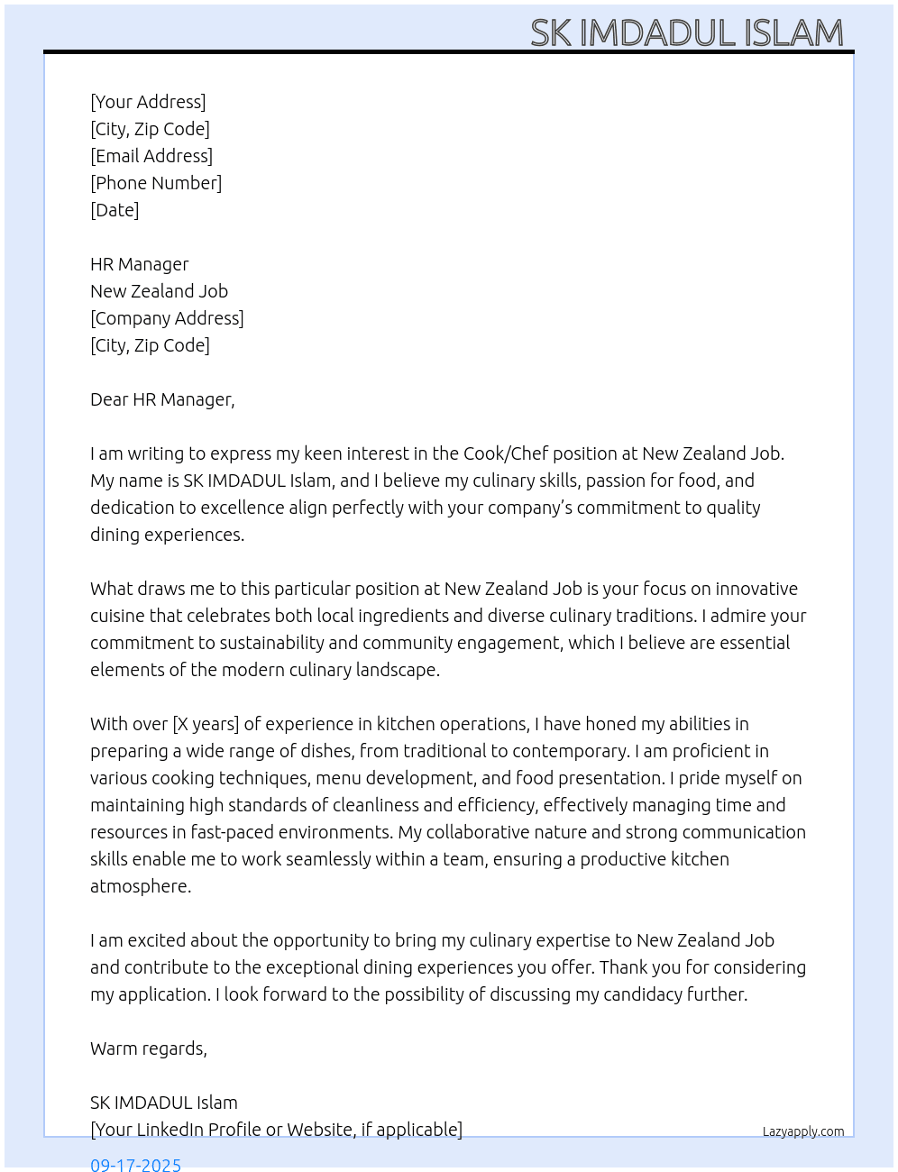   Cook/chef  At Newzealand job Cover Letter