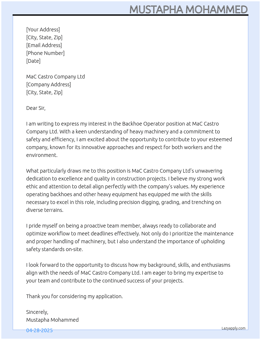 Backhole Operator At MaC castro Company Ltd Cover Letter