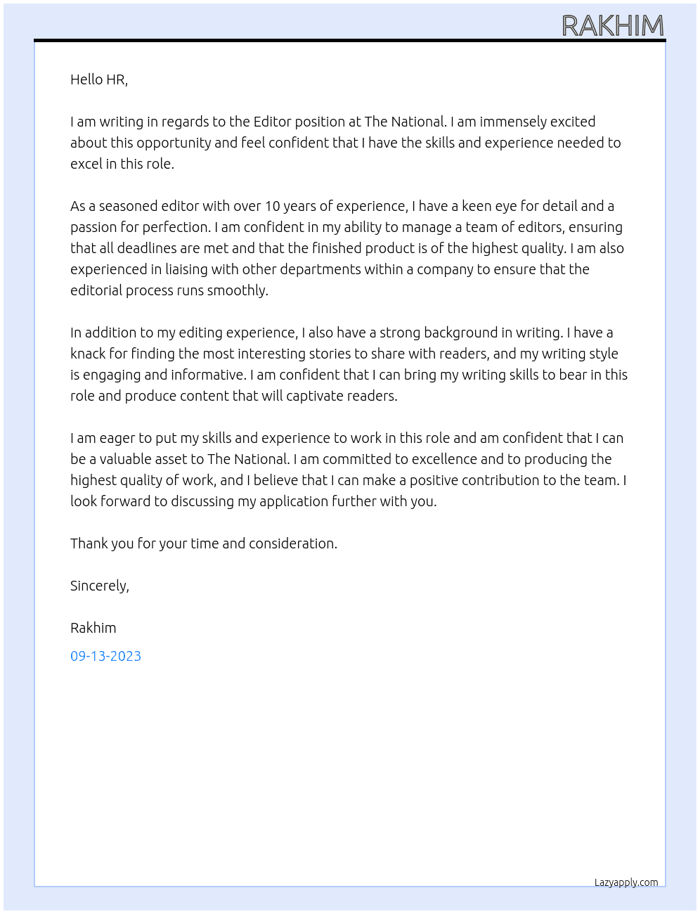 Editor At The National Cover Letter