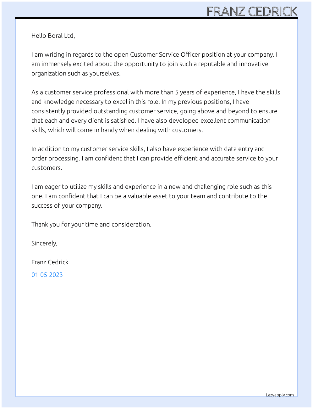 Customer Service Officer At Boral Ltd Cover Letter