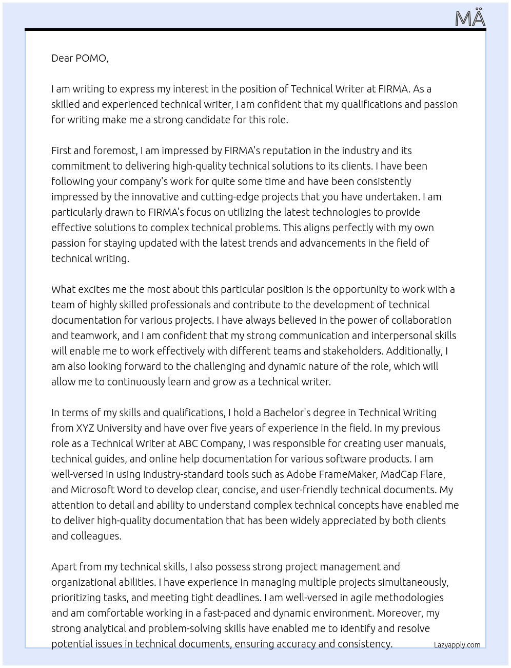 Technical writer At FIRMA Cover Letter