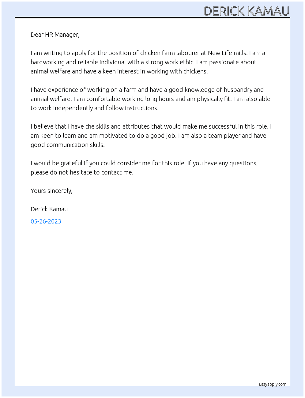 Chicken farm labourer At New Life mills Cover Letter