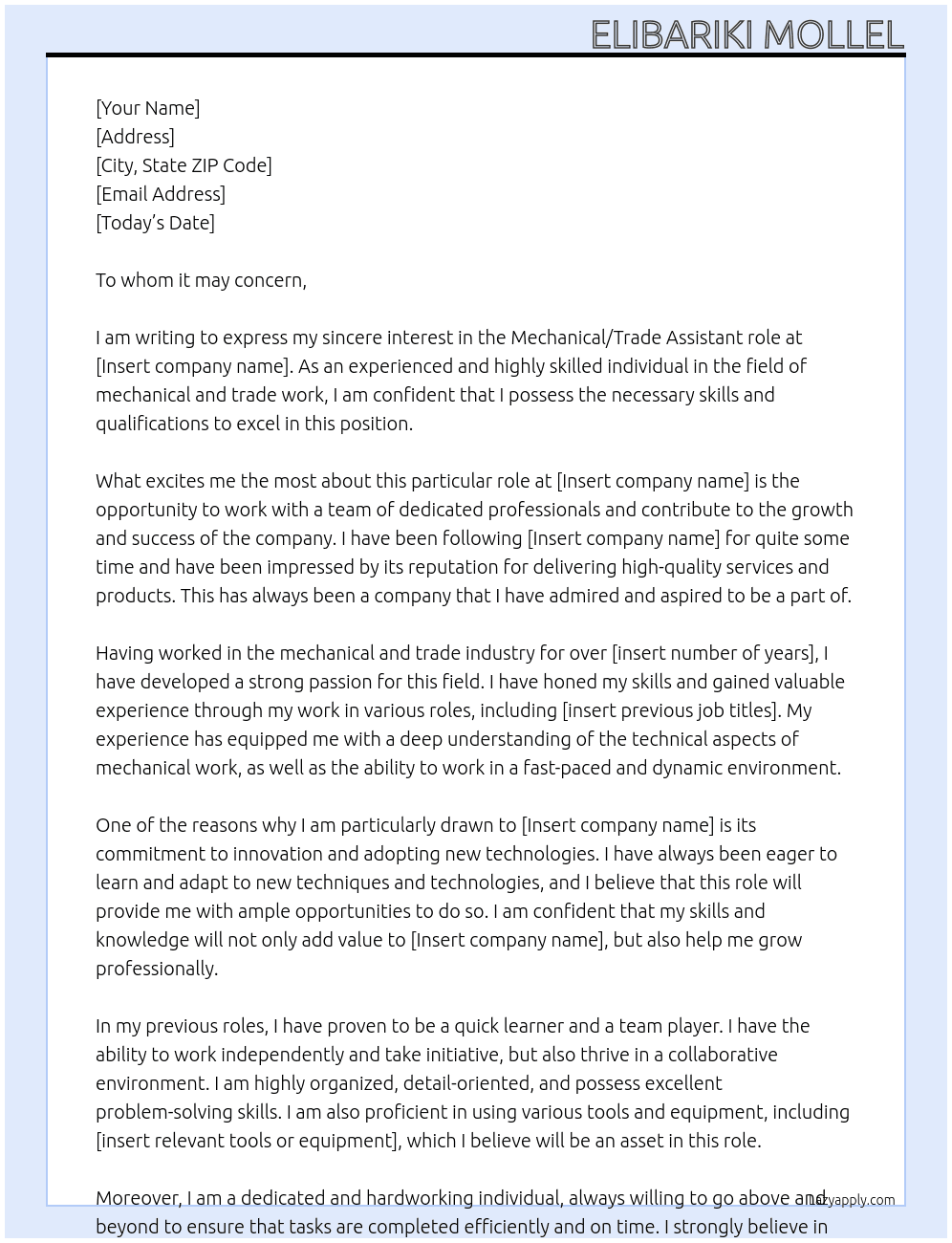 Mechanical/Trade Assistant At Insert company name Cover Letter