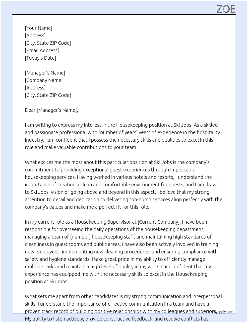 Housekeeping At ski jobs Cover Letter
