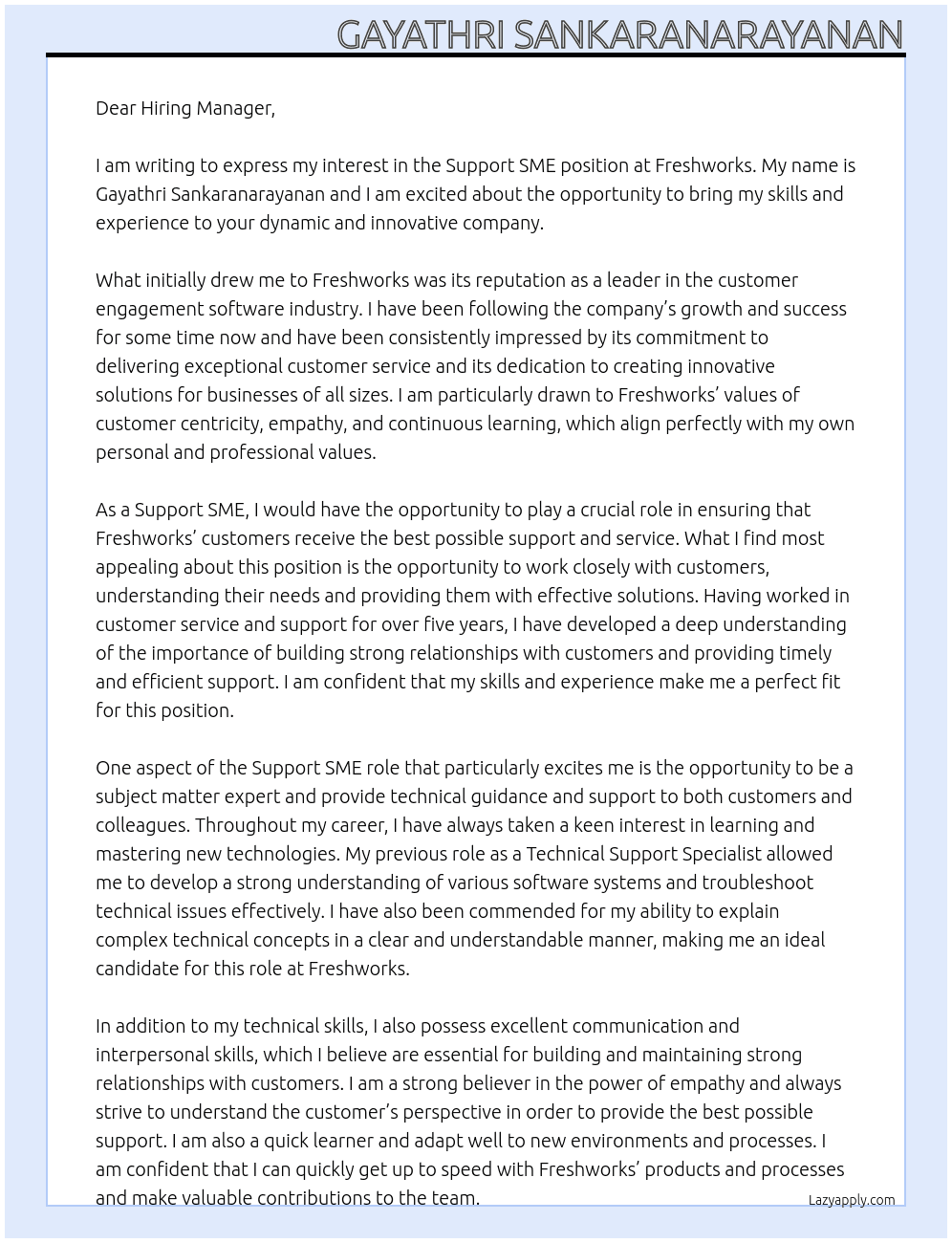 Support SME At Freshworks Cover Letter