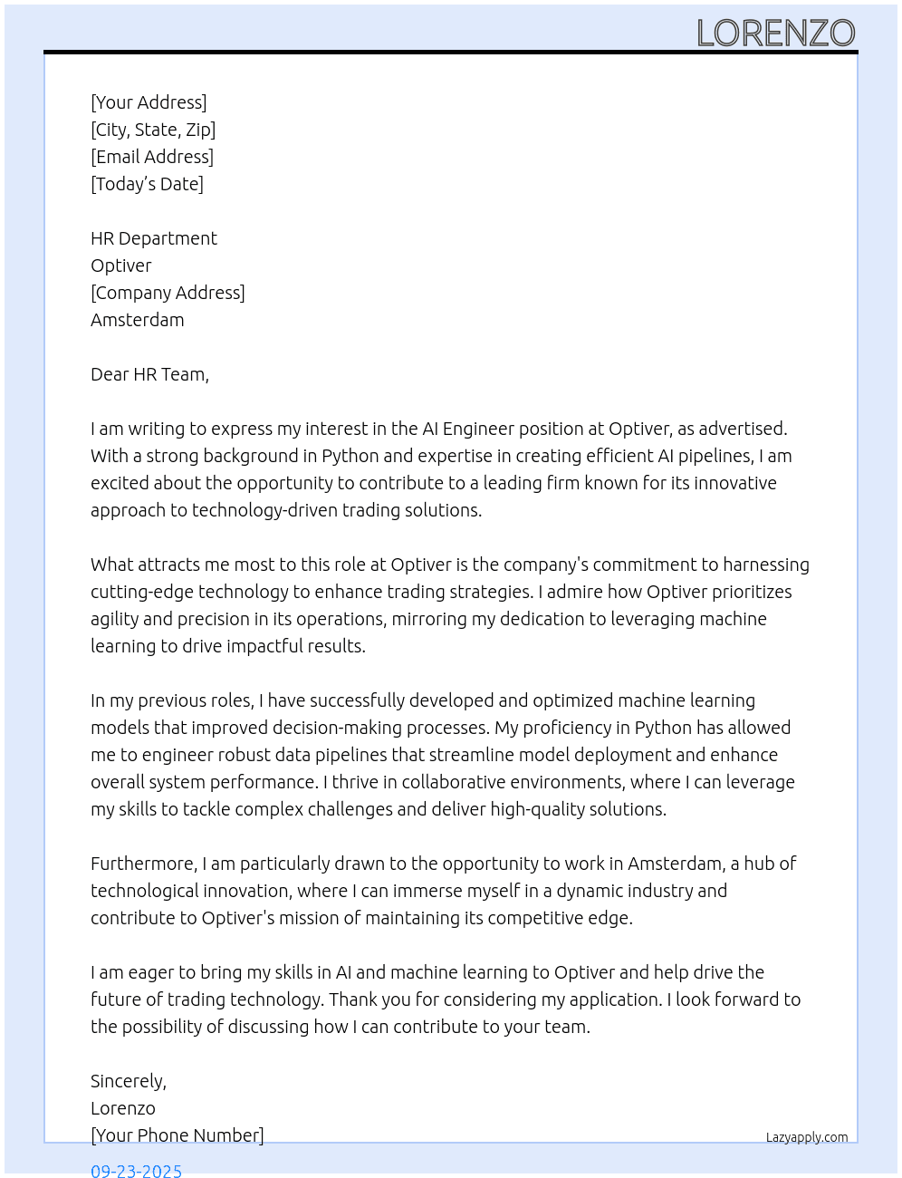 Ai engineer At Optiver Cover Letter