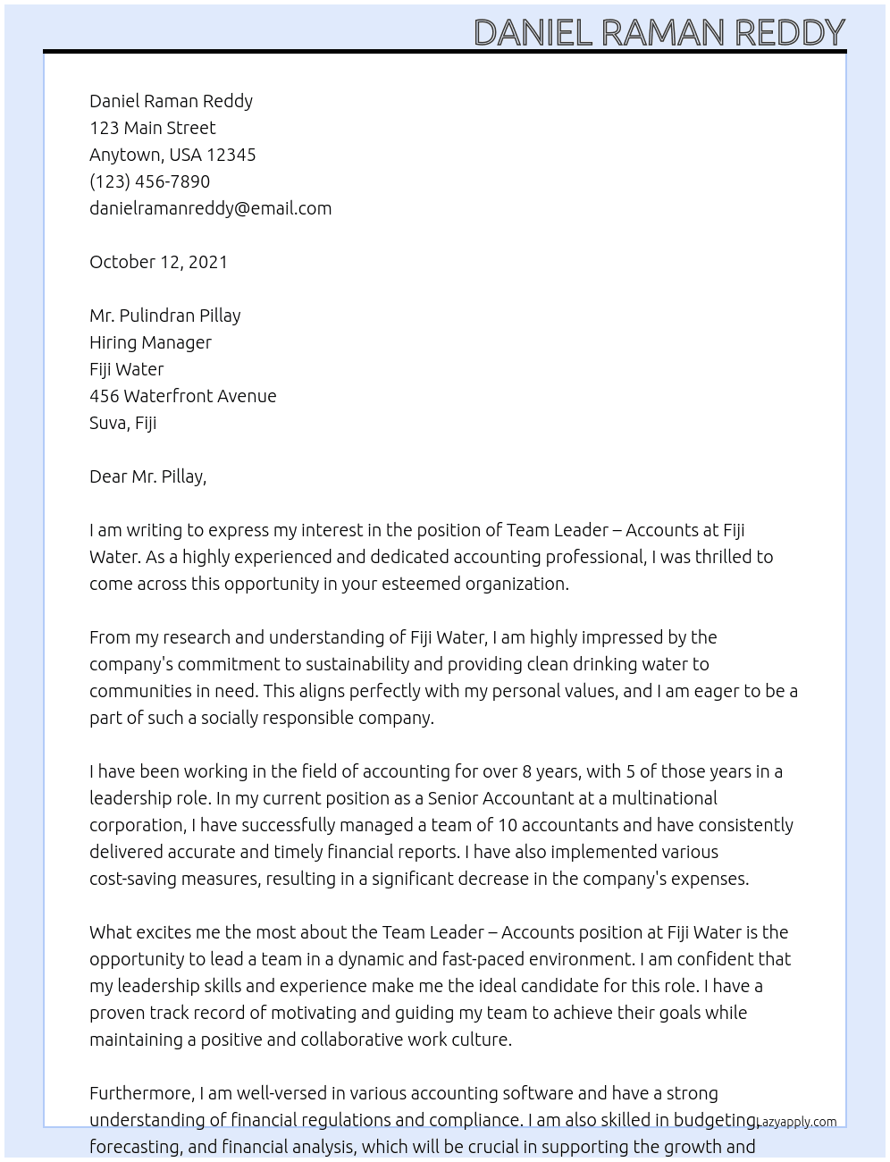 Team leader - Accounts  At Fiji Water  Cover Letter