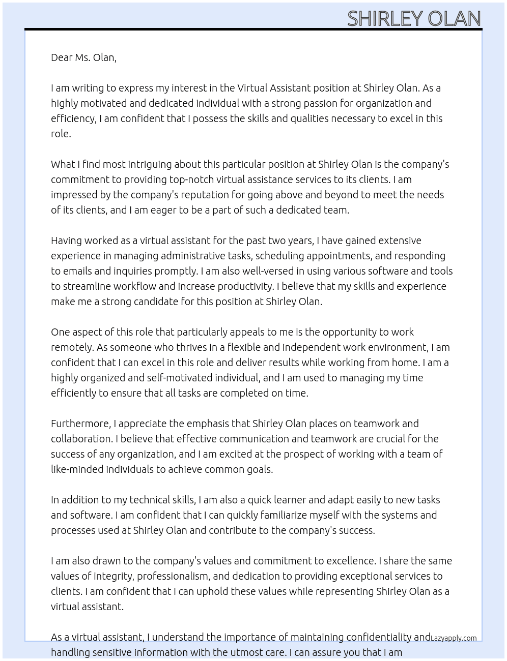 Virtual Assistant At Shirley Olan Cover Letter
