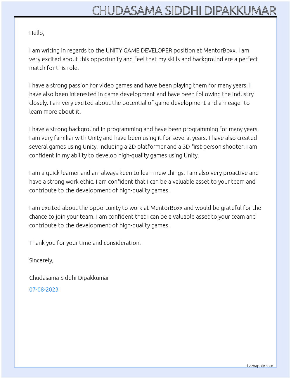 UNITY GAME DEVELOPER At MentorBoxx Cover Letter