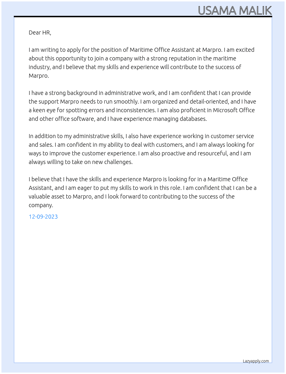 Maritime Office Assistant At  Marpro Cover Letter
