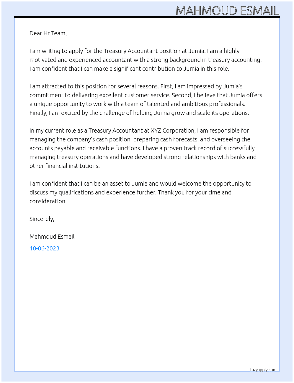 Treasury Accountant At Jumia Cover Letter