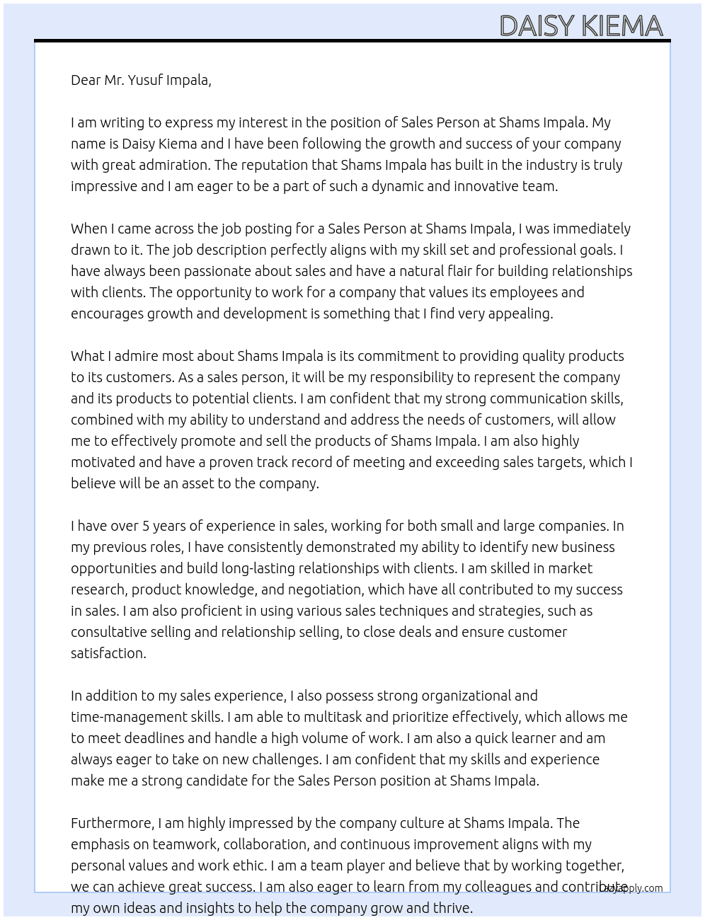 Sales person  At Shams impala Cover Letter
