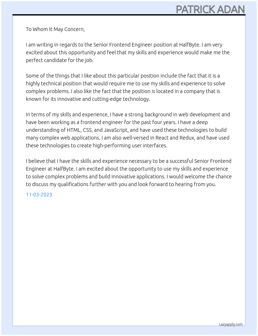 Senior Frontend Engineer At HalfByte Cover Letter