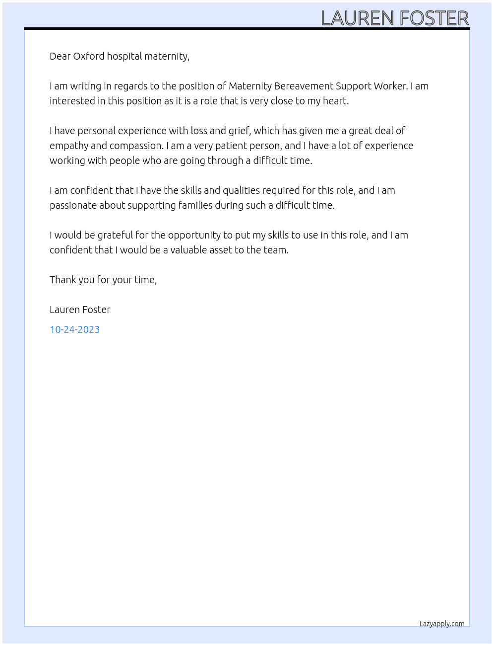 Maternity bereavement support worker At Oxford hospital maternity  Cover Letter