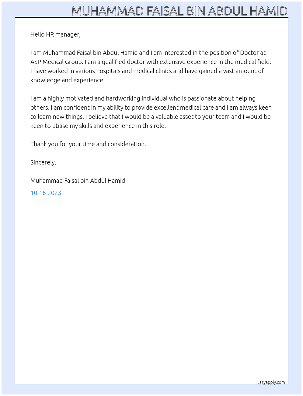 Doctor At ASP Medical Group Cover Letter