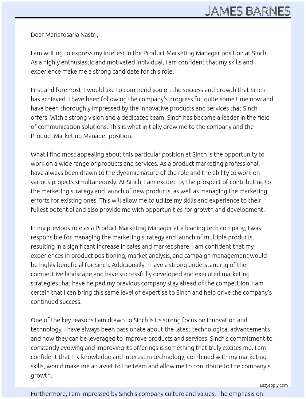 Product Marketing Manager At Sinch Cover Letter