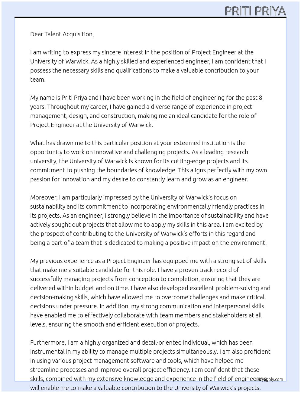 Project engineer At University of Warwick Cover Letter