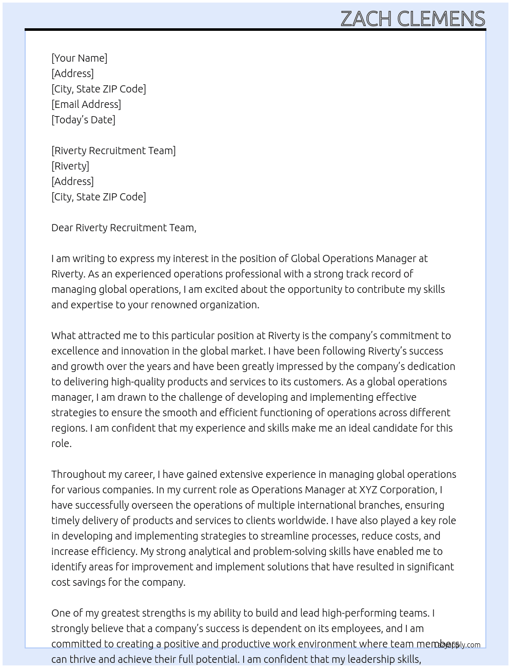 Global Operations Manager At Riverty Cover Letter