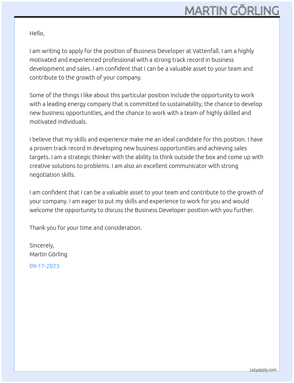 Business developer At Vattenfall Cover Letter