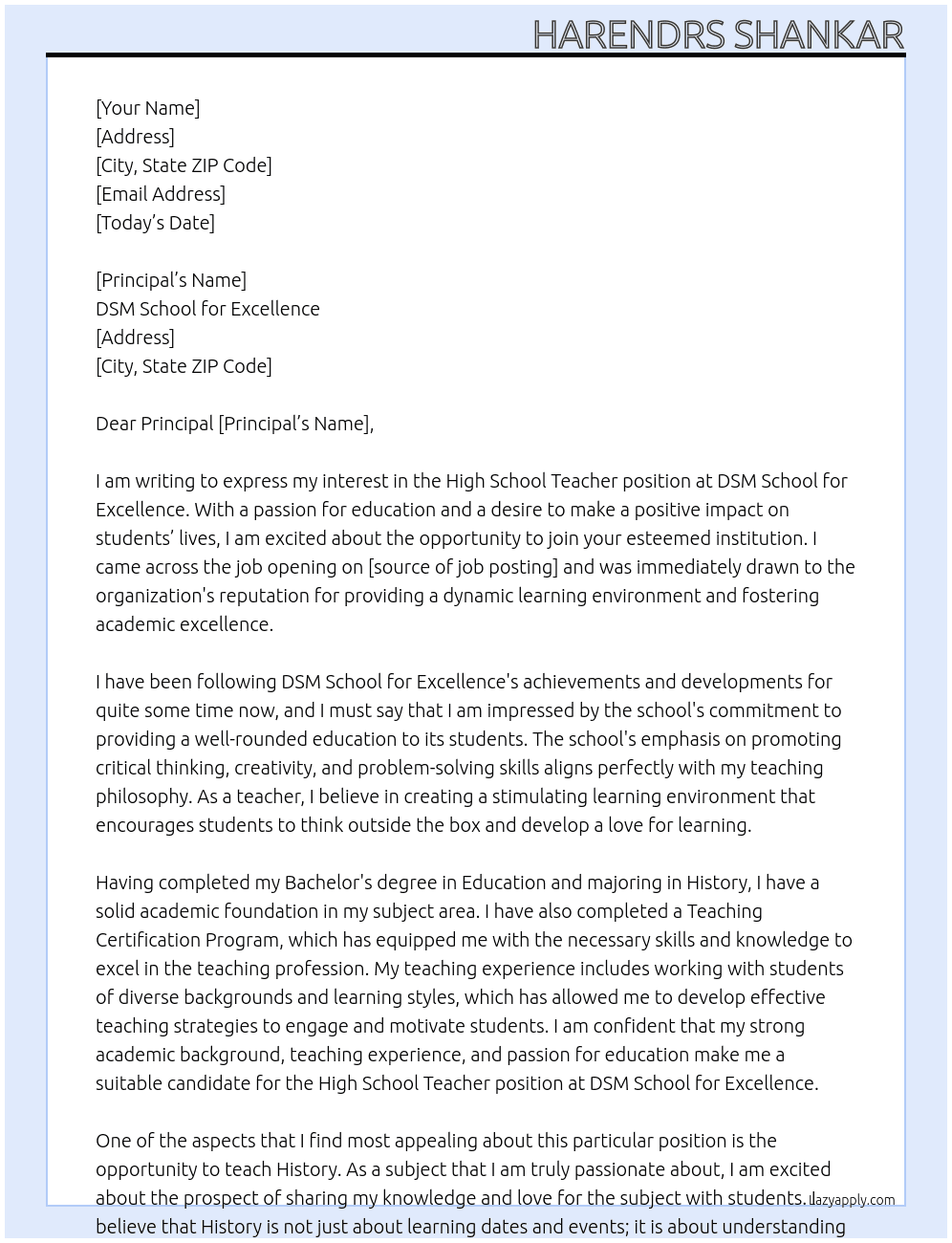 High school teacher  At DSM school for excellence  Cover Letter