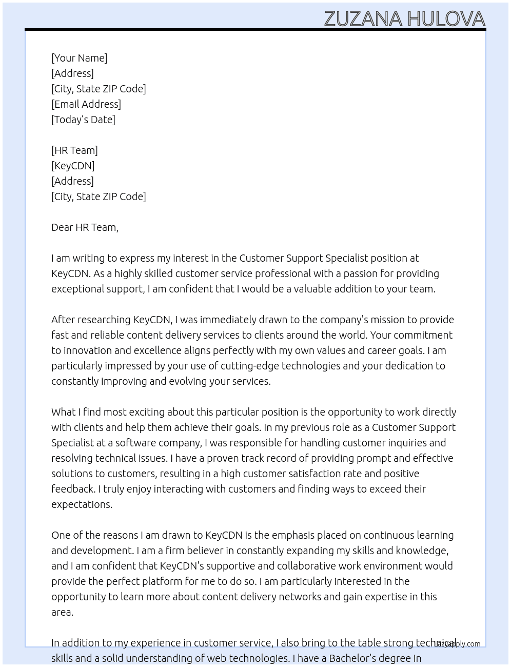 Customer Support Specialist At KeyCDN Cover Letter