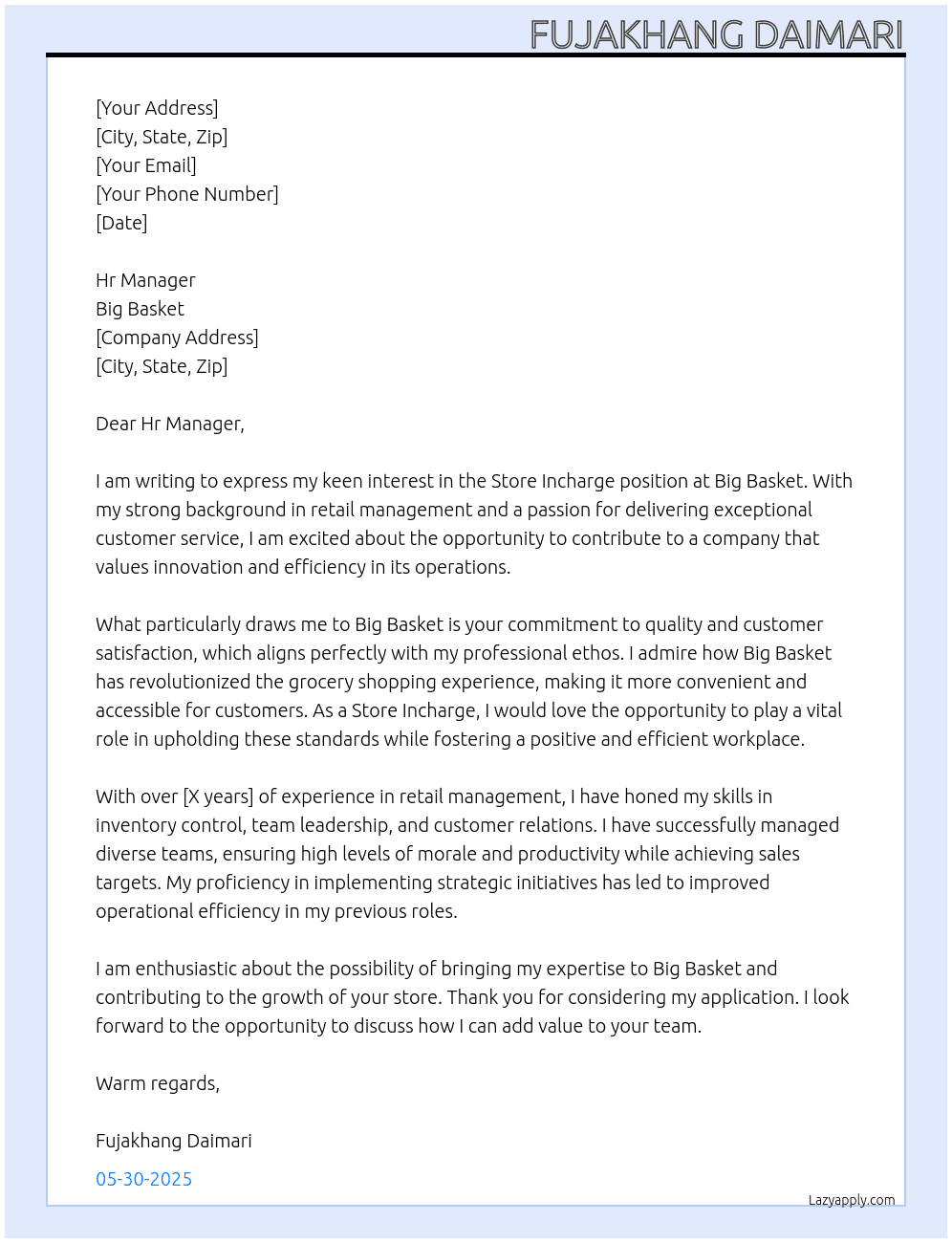 Store incharge  At Big Basket Cover Letter