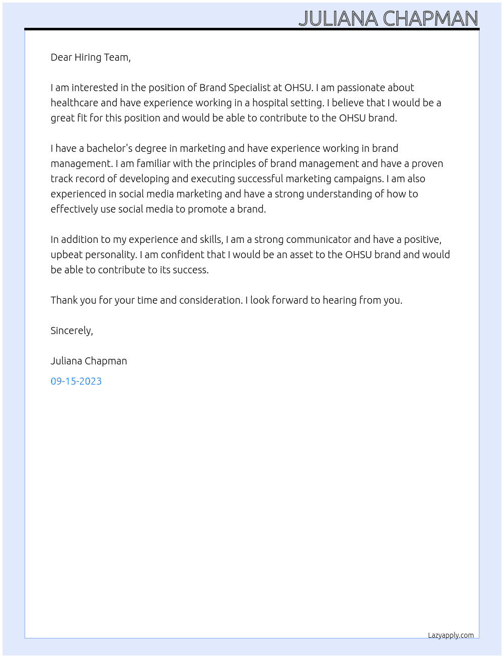 Brand Specialist  At OHSU Cover Letter