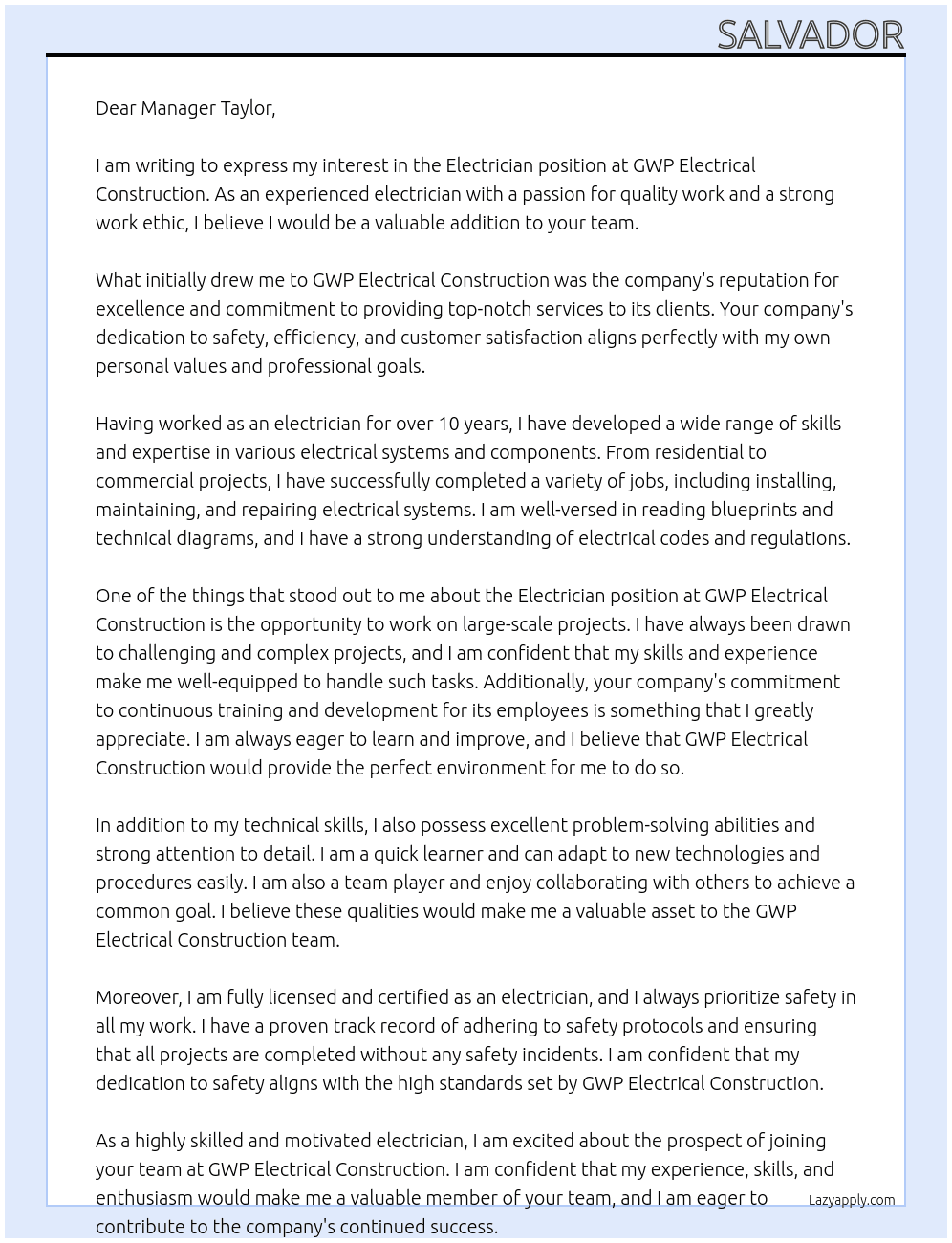 Electrician  At GWP Electrical Construction Cover Letter