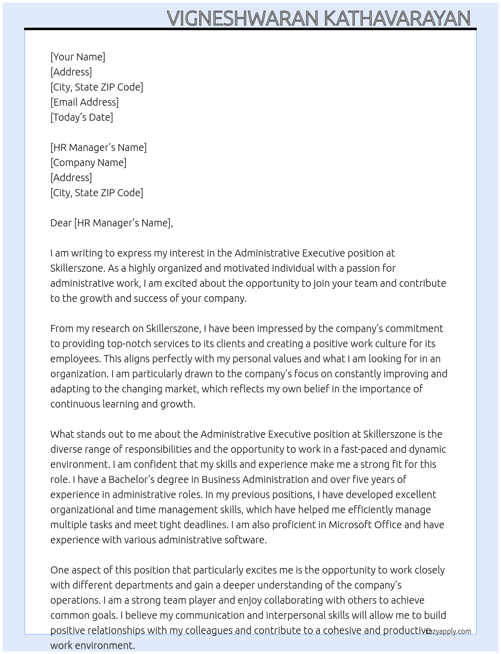 Administrative executive  At Skillerszone  Cover Letter