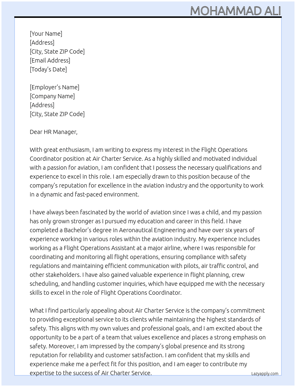 Flight Operations Coordinator At Air Charter Service Cover Letter